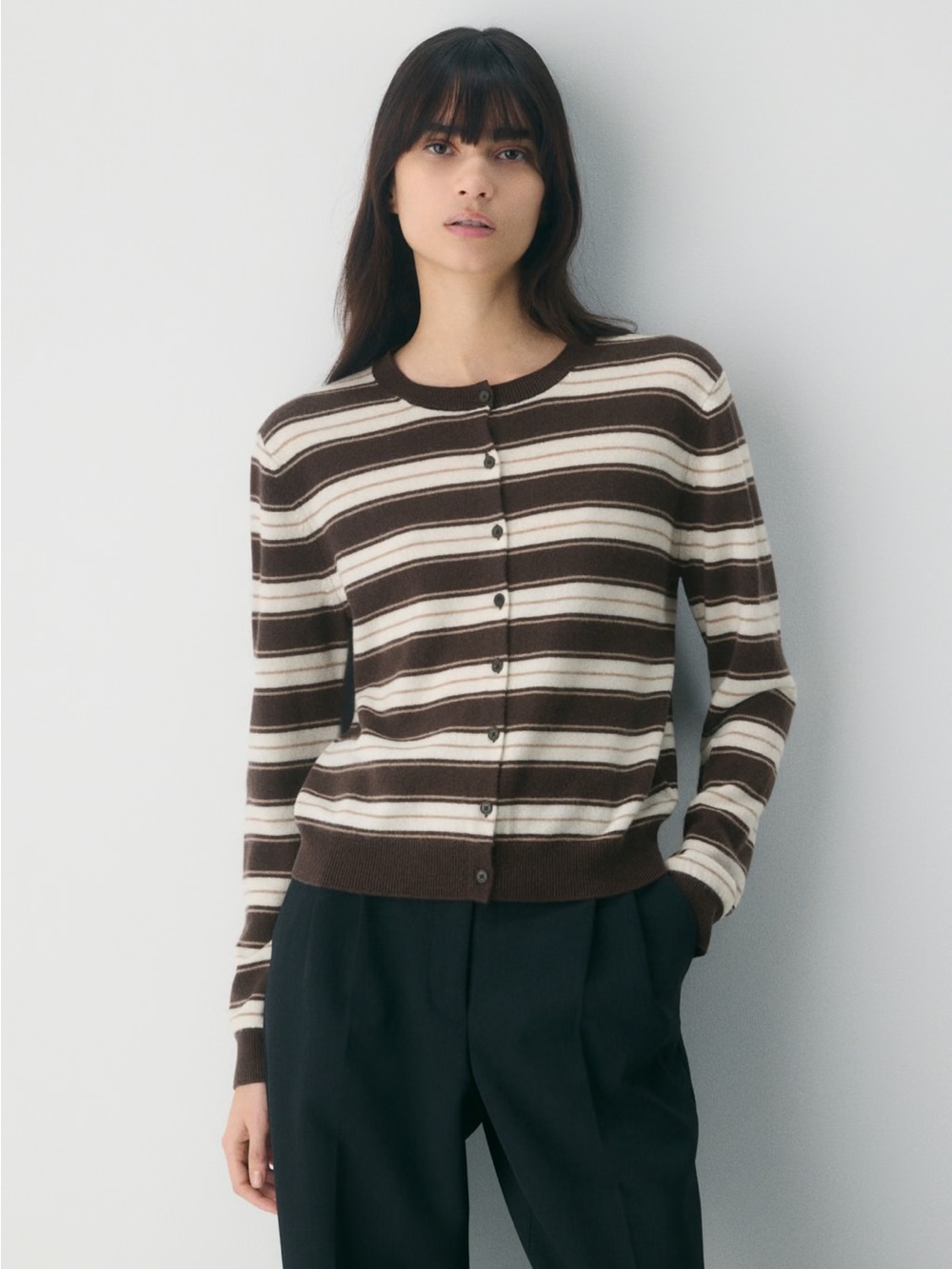 NWT Aritzia Bare Cashmere Noteworthy Stripes Cardigan - XS Brown/Whisper White